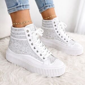 NEW Berness White Gigi 03 Rhinestone Platform High Top Sneakers